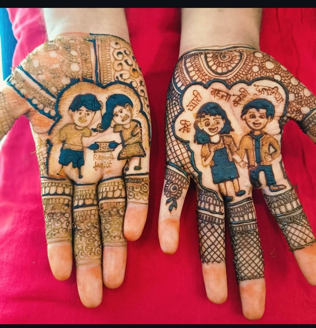 A person showing henna on their hands with a brown background