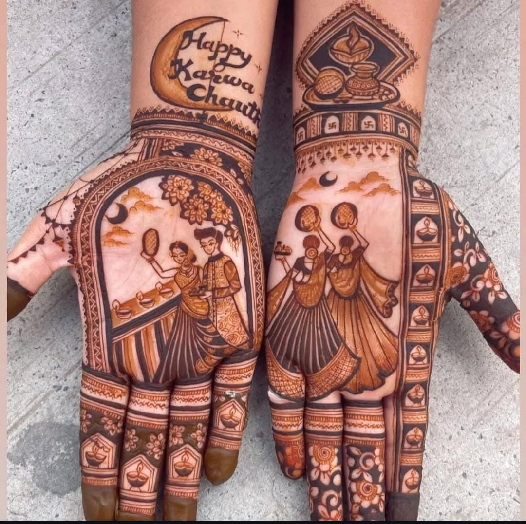 A person showing henna on their hands with a purple background