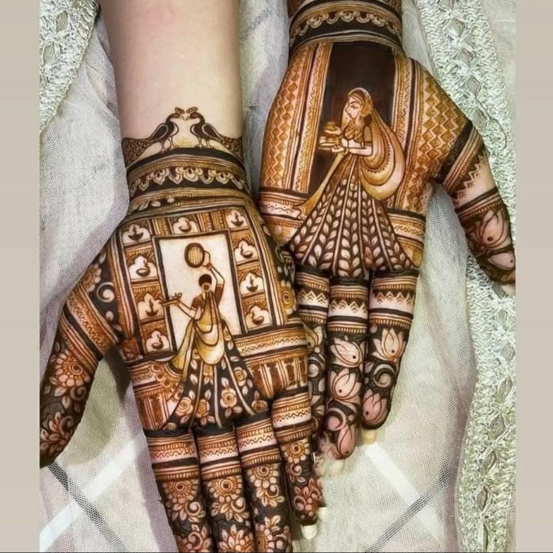 A person showing henna on their hands with a bright yellow background