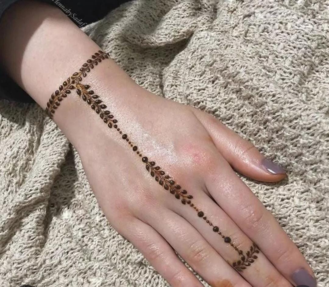 A person showing henna on their hands with a green background