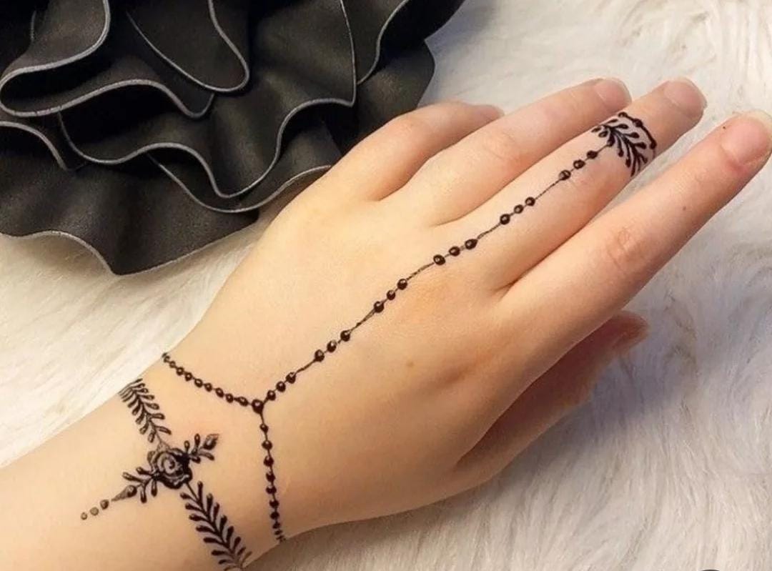 A person showing henna on their hands with a bright yellow background